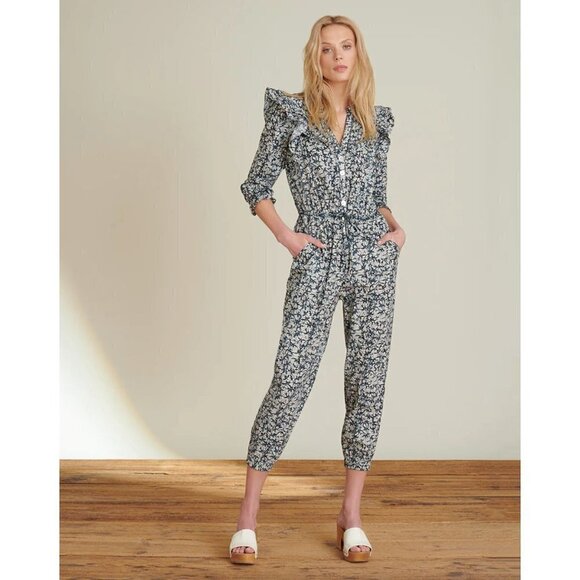 Veronica Beard Tanay Floral Cropped Jumpsuit Off White Navy Womens 8 - Picture 1 of 13